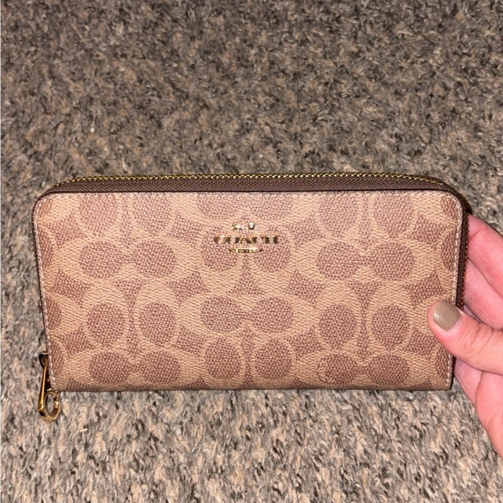 Coach Tan and Brown Signature Zip Wallet